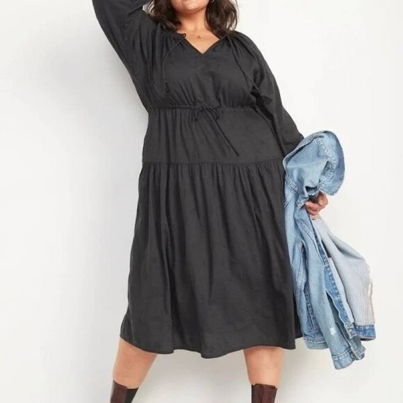 Old Navy Gray Embroidered Long Raglan Ballon Sleeve Boho Midi Dress Plus Size 2X - Picture 1 of 13